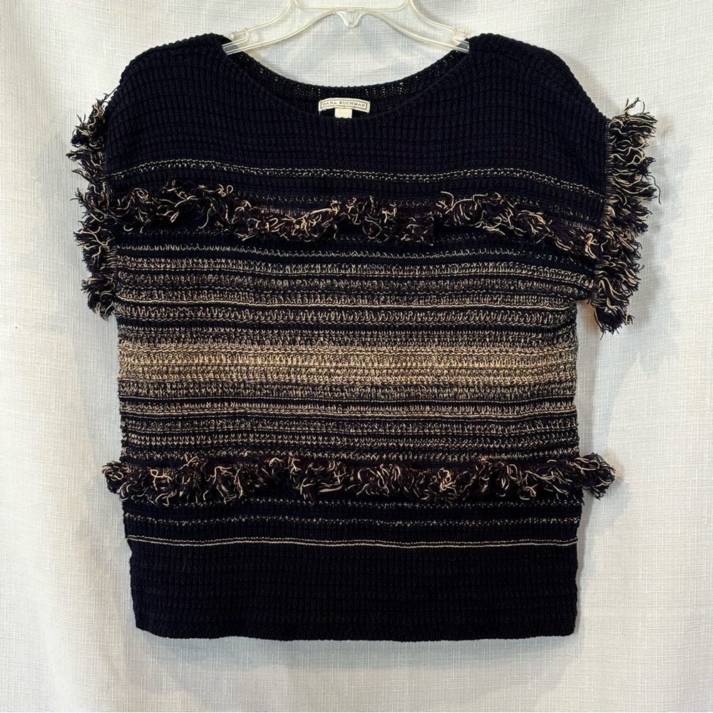 Dana Buchman Fringe Sweater Navy Blue and Tan Size L